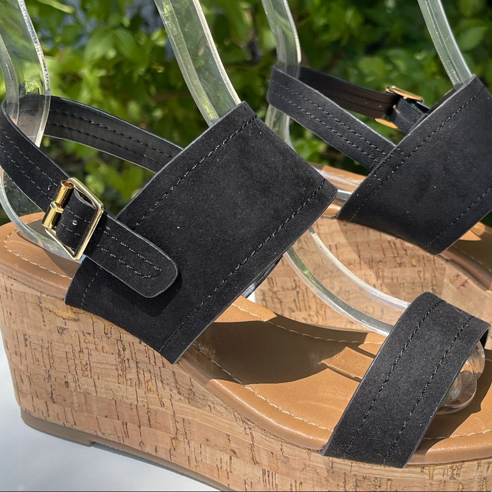 Last 9!  CALEB-42 Black Ankle Strap Slingback Chunky Platform Cork Heel Sandal - Picture 9 of 10